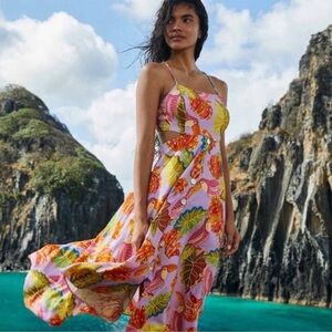 Farm Rio Red Lilac Beaks And Bananas Midi Dress